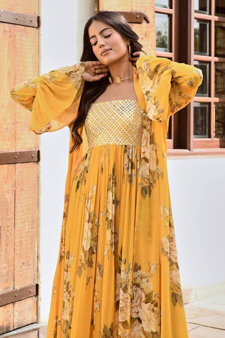 Palak & Mehak Yellow Crepe Embroidery, Gota Patti Square Floral Print Maxi Dress And Jacket Set Online at Aza Fashions Palak & Mehak_Yellow Crepe Embroidery, Gota Patti Square Floral Print Maxi Dress And Jacket Set _Online_at_Aza_Fashions