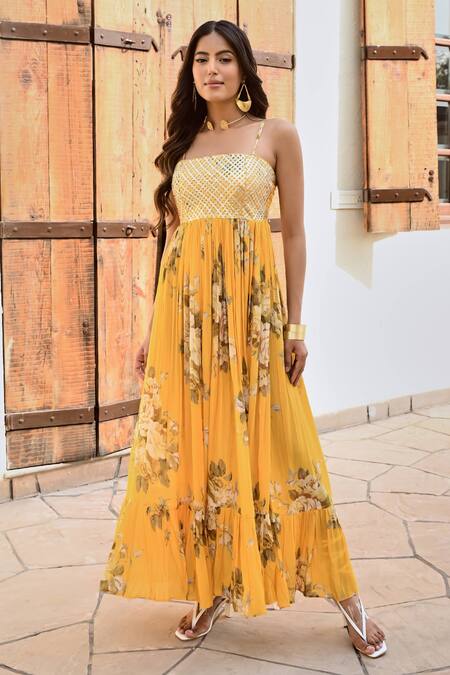 Shop Palak & Mehak Yellow Crepe Embroidery, Gota Patti Square Floral Print Maxi Dress And Jacket Set Online at Aza Fashions Shop_Palak & Mehak_Yellow Crepe Embroidery, Gota Patti Square Floral Print Maxi Dress And Jacket Set _Online_at_Aza_Fashions
