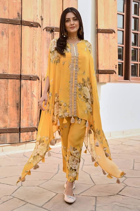 Palak & Mehak_Yellow Crepe Tassels V-neck Kai Printed Cape Top And Palazzo Set _Online_at_Aza_Fashions
