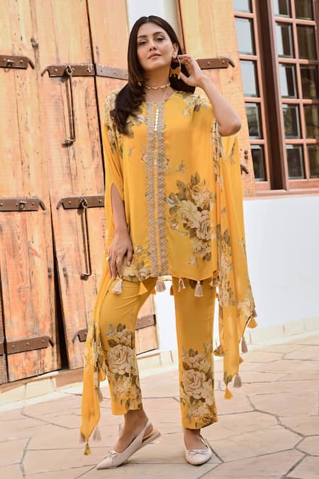 Buy_Palak & Mehak_Yellow Crepe Tassels V-neck Kai Printed Cape Top And Palazzo Set _Online_at_Aza_Fashions