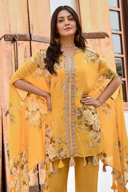 Palak & Mehak_Yellow Crepe Tassels V-neck Kai Printed Cape Top And Palazzo Set _at_Aza_Fashions
