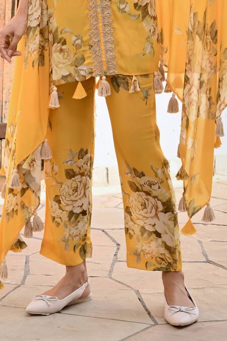 Buy_Palak & Mehak_Yellow Crepe Tassels V-neck Kai Printed Cape Top And Palazzo Set 