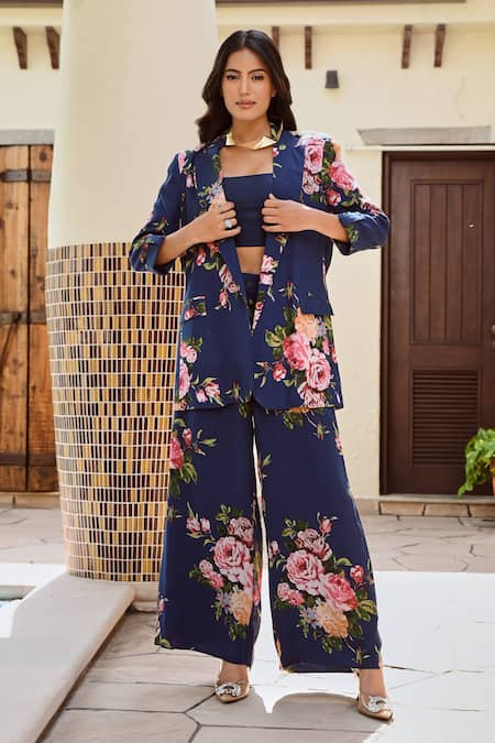 Palak & Mehak Blue Pure Crepe Printed Botanical Blazer Lisa Flower And Pant Set 