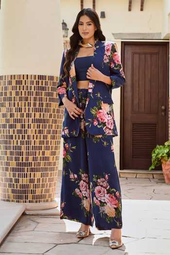 Palak & Mehak_Blue Chanderi, Crepe Embroidery Square Neck Lisa Flower Print Blazer And Pant Set _Online_at_Aza_Fashions