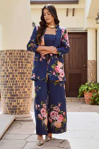 Buy_Palak & Mehak_Blue Chanderi, Crepe Embroidery Square Neck Lisa Flower Print Blazer And Pant Set _Online_at_Aza_Fashions