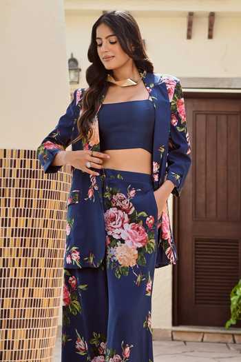 Palak & Mehak_Blue Chanderi, Crepe Embroidery Square Neck Lisa Flower Print Blazer And Pant Set _at_Aza_Fashions