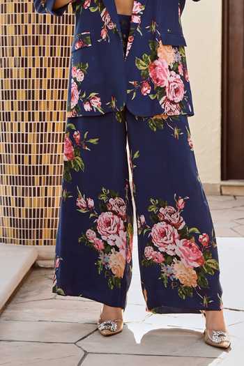 Buy_Palak & Mehak_Blue Chanderi, Crepe Embroidery Square Neck Lisa Flower Print Blazer And Pant Set 