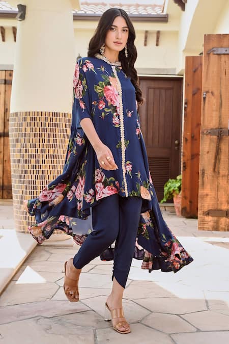 Shop_Palak & Mehak_Blue Cotton, Crepe Gota Patti, Embroidery Mihika Floral Print Top And Pant Set _Online_at_Aza_Fashions