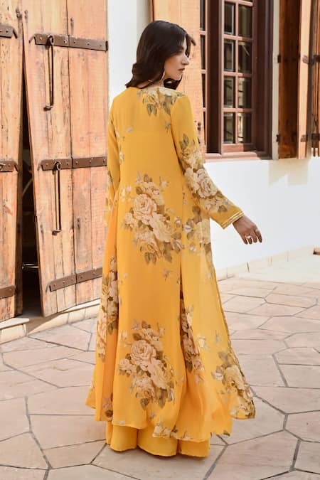 Shop Palak & Mehak Yellow Crepe Embroidery, Gota Patti Naaz Floral Print Jacket Flared Pant Set at Aza Fashions Shop_Palak & Mehak_Yellow Crepe Embroidery, Gota Patti Naaz Floral Print Jacket Flared Pant Set _at_Aza_Fashions