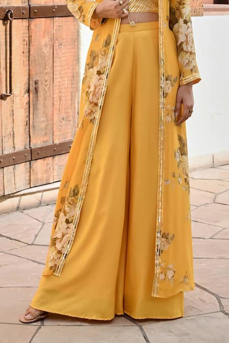 Palak & Mehak Yellow Crepe Embroidery, Gota Patti Naaz Floral Print Jacket Flared Pant Set Online at Aza Fashions Palak & Mehak_Yellow Crepe Embroidery, Gota Patti Naaz Floral Print Jacket Flared Pant Set _Online_at_Aza_Fashions