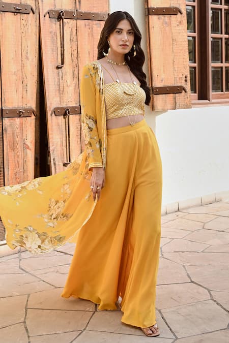 Buy Palak & Mehak Yellow Crepe Embroidery, Gota Patti Naaz Floral Print Jacket Flared Pant Set Online at Aza Fashions Buy_Palak & Mehak_Yellow Crepe Embroidery, Gota Patti Naaz Floral Print Jacket Flared Pant Set _Online_at_Aza_Fashions