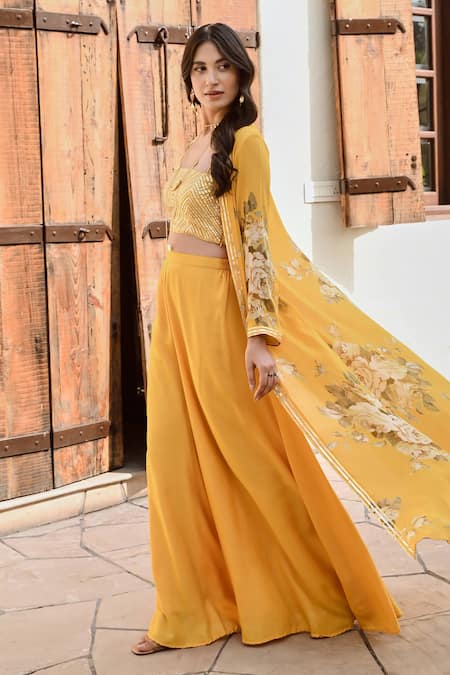 Shop Palak & Mehak Yellow Crepe Embroidery, Gota Patti Naaz Floral Print Jacket Flared Pant Set Online at Aza Fashions Shop_Palak & Mehak_Yellow Crepe Embroidery, Gota Patti Naaz Floral Print Jacket Flared Pant Set _Online_at_Aza_Fashions