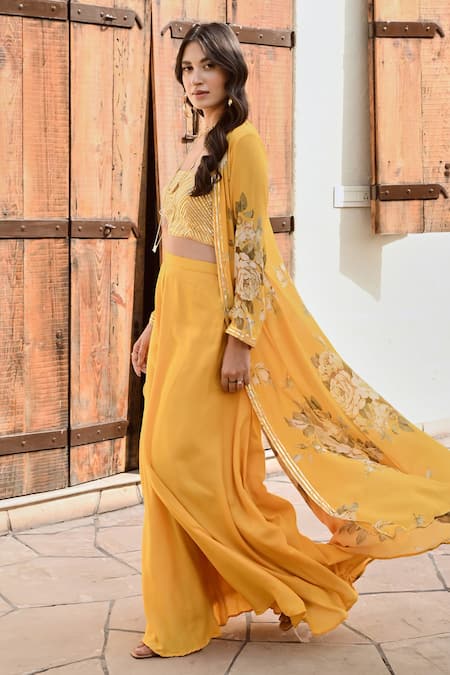 Palak & Mehak Yellow Crepe Embroidery, Gota Patti Naaz Floral Print Jacket Flared Pant Set at Aza Fashions Palak & Mehak_Yellow Crepe Embroidery, Gota Patti Naaz Floral Print Jacket Flared Pant Set _at_Aza_Fashions