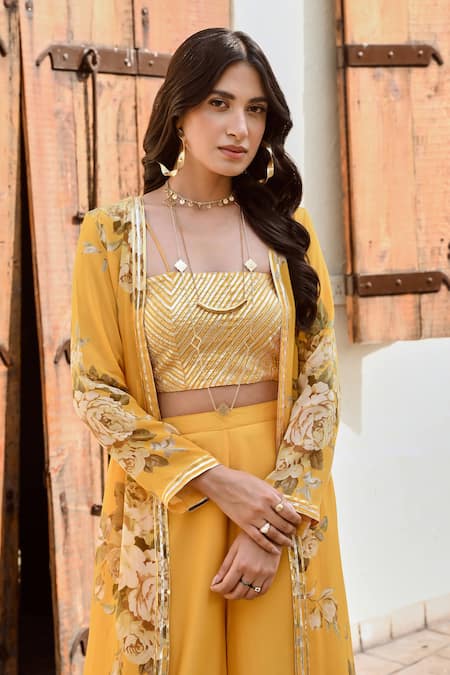 Buy Palak & Mehak Yellow Crepe Embroidery, Gota Patti Naaz Floral Print Jacket Flared Pant Set Buy_Palak & Mehak_Yellow Crepe Embroidery, Gota Patti Naaz Floral Print Jacket Flared Pant Set