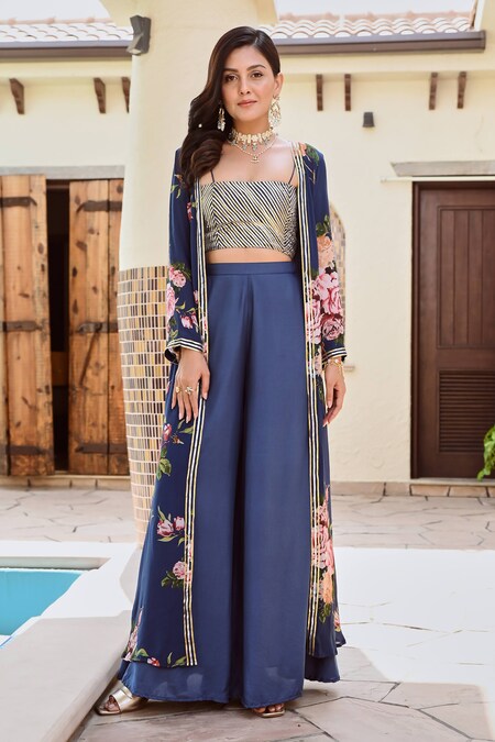 Palak & Mehak Blue Pure Crepe Printed Floral Jacket Open Naaz Botanical Flared Pant Set 