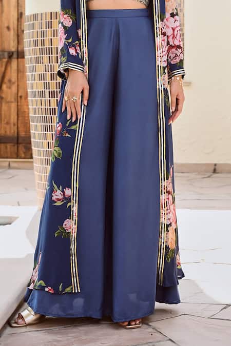 Palak & Mehak_Blue Crepe Gota Patti, Embroidery Naaz Botanical Print Jacket Flared Pant Set _Online_at_Aza_Fashions