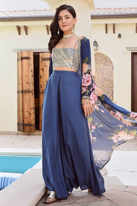 Buy_Palak & Mehak_Blue Crepe Gota Patti, Embroidery Naaz Botanical Print Jacket Flared Pant Set _Online_at_Aza_Fashions