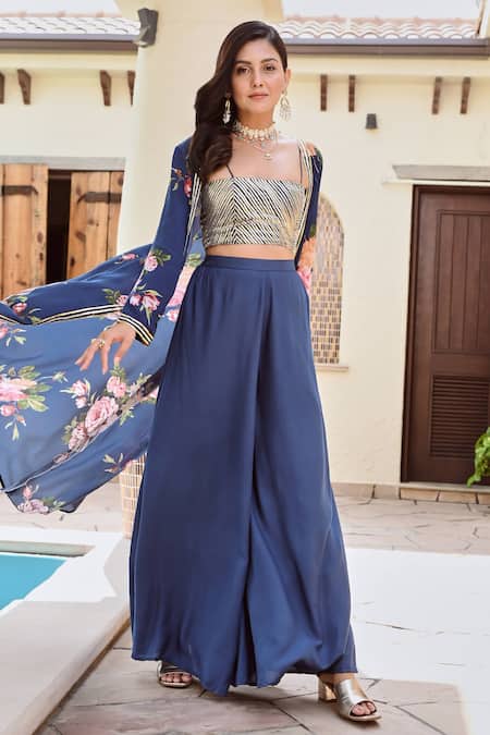 Shop_Palak & Mehak_Blue Crepe Gota Patti, Embroidery Naaz Botanical Print Jacket Flared Pant Set _Online_at_Aza_Fashions