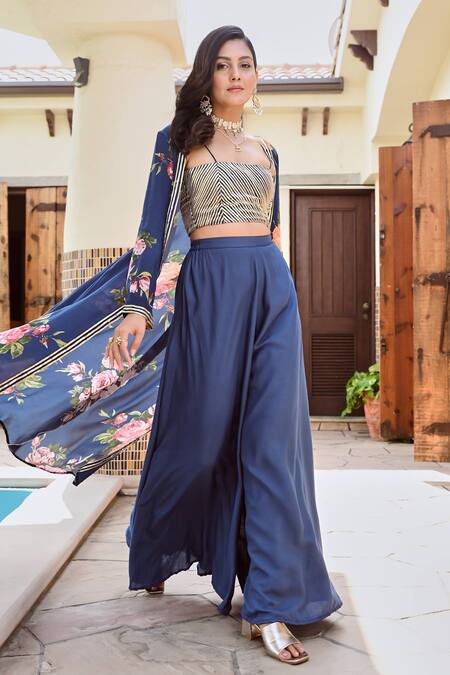 Buy_Palak & Mehak_Blue Crepe Gota Patti, Embroidery Naaz Botanical Print Jacket Flared Pant Set 