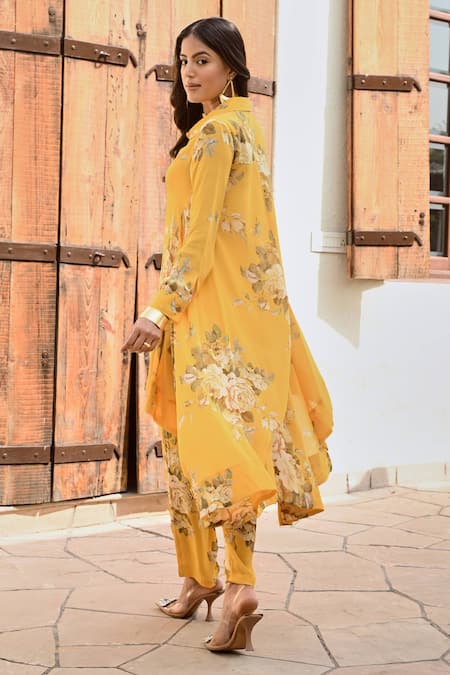 Shop Palak & Mehak Yellow Crepe Embroidery Collared Ria Floral Print Shirt And Pant Set at Aza Fashions Shop_Palak & Mehak_Yellow Crepe Embroidery Collared Ria Floral Print Shirt And Pant Set _at_Aza_Fashions