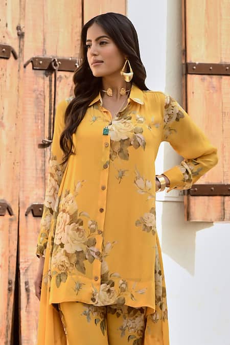 Palak & Mehak Yellow Crepe Embroidery Collared Ria Floral Print Shirt And Pant Set Online at Aza Fashions Palak & Mehak_Yellow Crepe Embroidery Collared Ria Floral Print Shirt And Pant Set _Online_at_Aza_Fashions