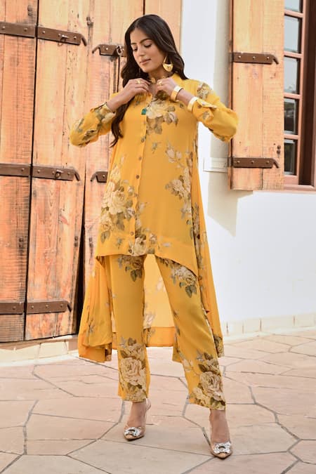 Buy Palak & Mehak Yellow Crepe Embroidery Collared Ria Floral Print Shirt And Pant Set Online at Aza Fashions Buy_Palak & Mehak_Yellow Crepe Embroidery Collared Ria Floral Print Shirt And Pant Set _Online_at_Aza_Fashions