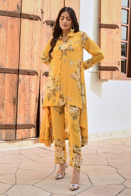 Shop Palak & Mehak Yellow Crepe Embroidery Collared Ria Floral Print Shirt And Pant Set Online at Aza Fashions Shop_Palak & Mehak_Yellow Crepe Embroidery Collared Ria Floral Print Shirt And Pant Set _Online_at_Aza_Fashions