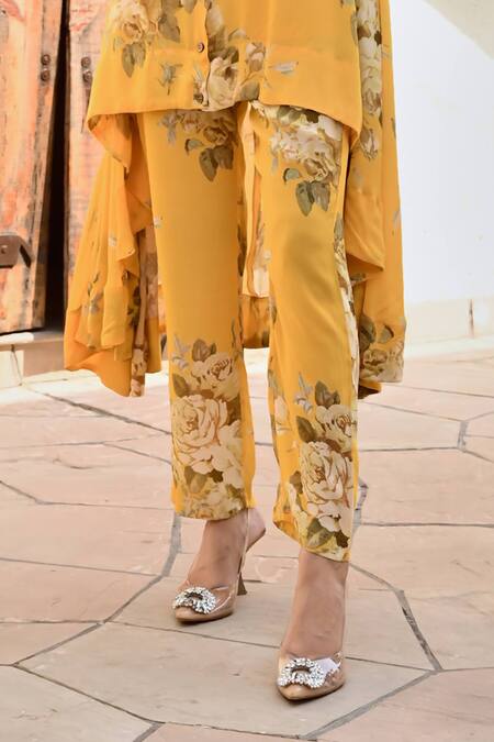 Palak & Mehak Yellow Crepe Embroidery Collared Ria Floral Print Shirt And Pant Set at Aza Fashions Palak & Mehak_Yellow Crepe Embroidery Collared Ria Floral Print Shirt And Pant Set _at_Aza_Fashions
