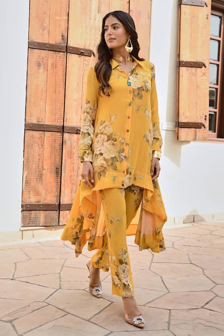Buy Palak & Mehak Yellow Crepe Embroidery Collared Ria Floral Print Shirt And Pant Set Buy_Palak & Mehak_Yellow Crepe Embroidery Collared Ria Floral Print Shirt And Pant Set