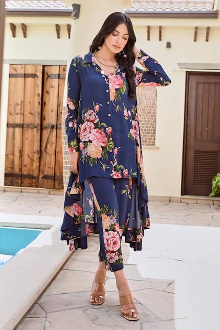 Buy_Palak & Mehak_Blue Crepe Embroidery Collared Ria Botanical Print Shirt And Pant Set _Online_at_Aza_Fashions