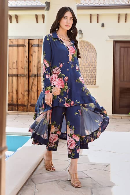 Shop_Palak & Mehak_Blue Crepe Embroidery Collared Ria Botanical Print Shirt And Pant Set _Online_at_Aza_Fashions