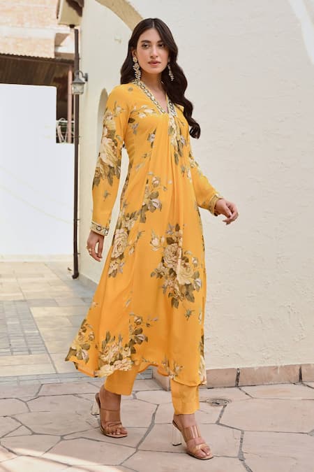 Buy_Palak & Mehak_Yellow Crepe Gota Patti, Embroidery, Shikha Floral Print Kurta And Pant Set _Online_at_Aza_Fashions