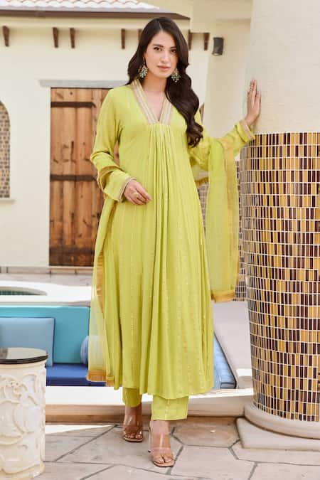 Palak & Mehak Green Rayon Lurex Embellished Gota V Neck Shikha Kurta Set 