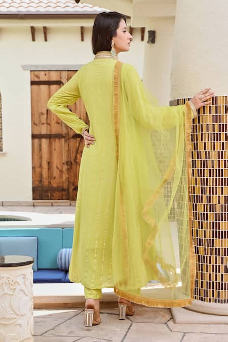 Shop_Palak & Mehak_Green Cotton, Rayon, Net Gota Patti V-neck Shikha Embellished Kurta Set _at_Aza_Fashions