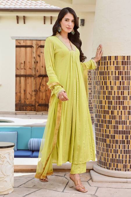 Palak & Mehak_Green Cotton, Rayon, Net Gota Patti V-neck Shikha Embellished Kurta Set _Online_at_Aza_Fashions