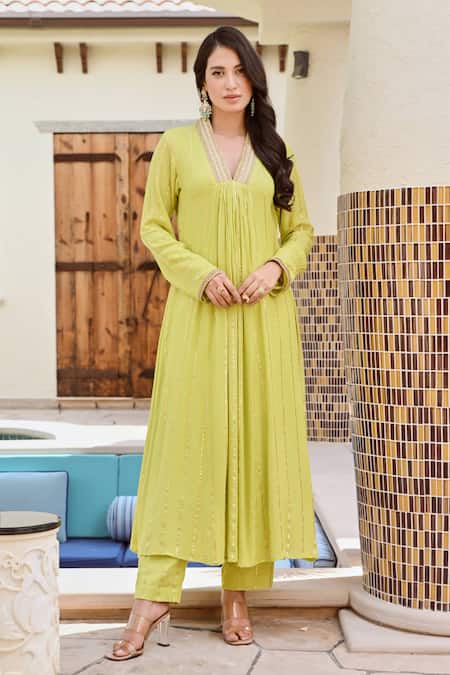 Shop_Palak & Mehak_Green Cotton, Rayon, Net Gota Patti V-neck Shikha Embellished Kurta Set _Online_at_Aza_Fashions