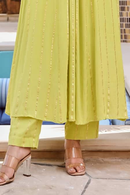 Palak & Mehak_Green Cotton, Rayon, Net Gota Patti V-neck Shikha Embellished Kurta Set _at_Aza_Fashions