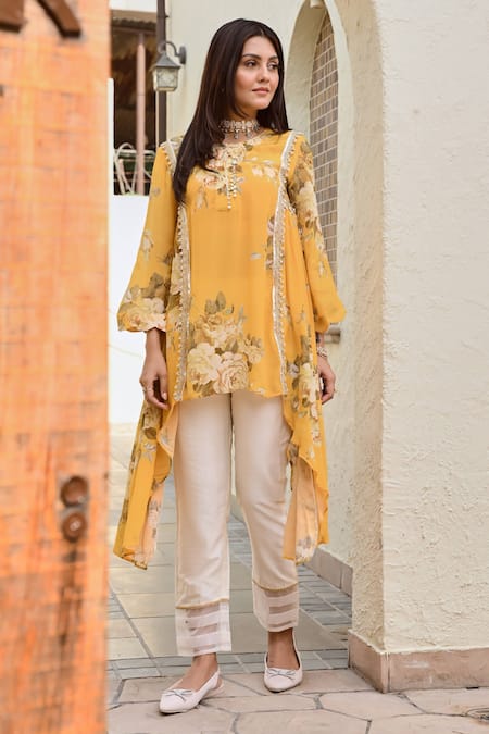 Palak & Mehak_Yellow Cotton, Silk, Crepe Pearls, Soni Floral Bloom Print Top And Pant Set _Online_at_Aza_Fashions