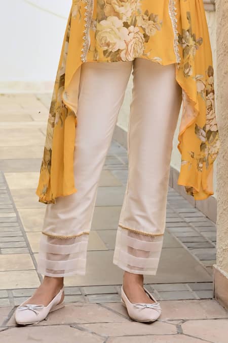 Buy_Palak & Mehak_Yellow Cotton, Silk, Crepe Pearls, Soni Floral Bloom Print Top And Pant Set _Online_at_Aza_Fashions