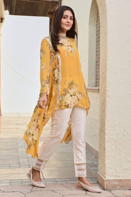 Shop_Palak & Mehak_Yellow Cotton, Silk, Crepe Pearls, Soni Floral Bloom Print Top And Pant Set _Online_at_Aza_Fashions