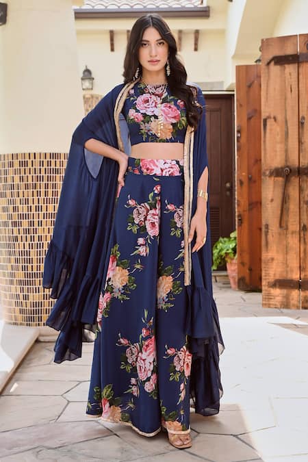 Palak & Mehak Blue Pure Crepe Printed Floral Zeeba Placket Embellished Palazzo Set 