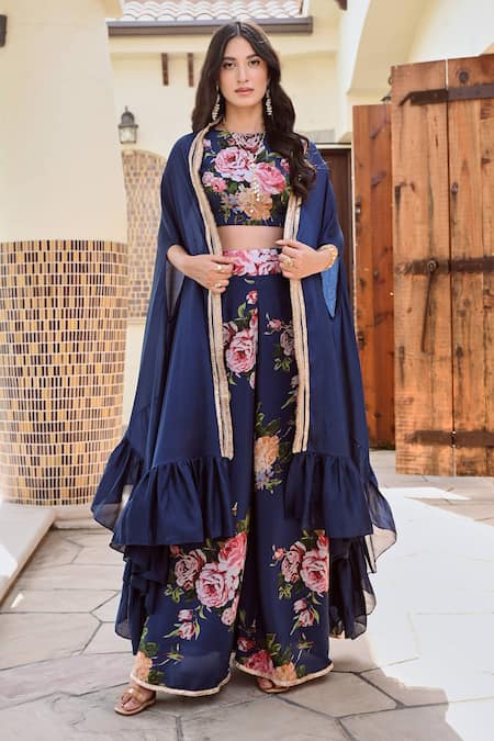 Shop Palak & Mehak Blue Chiffon, Cotton, Crepe Gota Zeeba Placket Embellished Cape Palazzo Set at Aza Fashions Shop_Palak & Mehak_Blue Chiffon, Cotton, Crepe Gota Zeeba Placket Embellished Cape Palazzo Set _at_Aza_Fashions