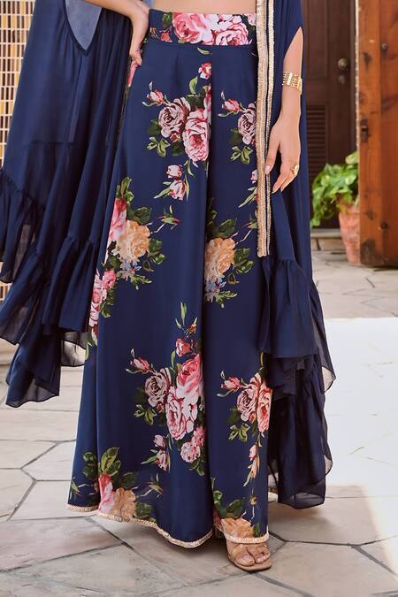 Palak & Mehak Blue Chiffon, Cotton, Crepe Gota Zeeba Placket Embellished Cape Palazzo Set Online at Aza Fashions Palak & Mehak_Blue Chiffon, Cotton, Crepe Gota Zeeba Placket Embellished Cape Palazzo Set _Online_at_Aza_Fashions