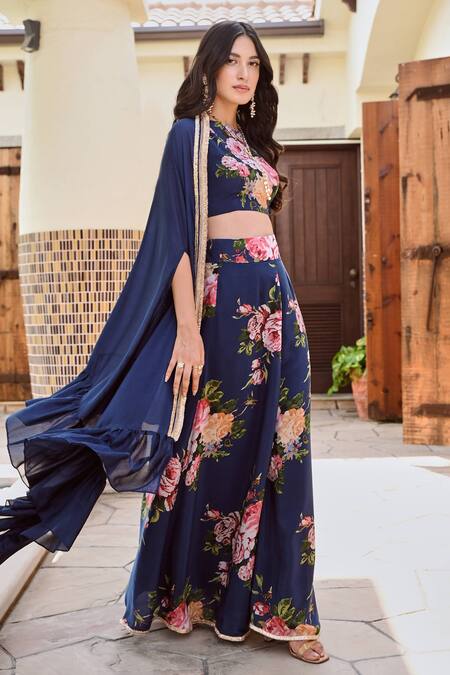 Buy Palak & Mehak Blue Chiffon, Cotton, Crepe Gota Zeeba Placket Embellished Cape Palazzo Set Online at Aza Fashions Buy_Palak & Mehak_Blue Chiffon, Cotton, Crepe Gota Zeeba Placket Embellished Cape Palazzo Set _Online_at_Aza_Fashions