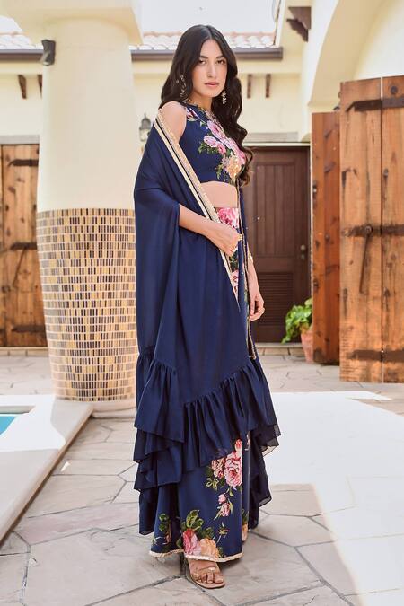Shop Palak & Mehak Blue Chiffon, Cotton, Crepe Gota Zeeba Placket Embellished Cape Palazzo Set Online at Aza Fashions Shop_Palak & Mehak_Blue Chiffon, Cotton, Crepe Gota Zeeba Placket Embellished Cape Palazzo Set _Online_at_Aza_Fashions