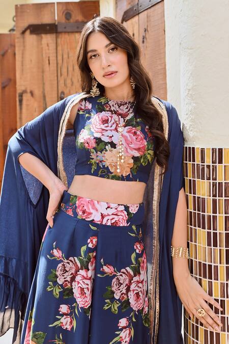 Palak & Mehak Blue Chiffon, Cotton, Crepe Gota Zeeba Placket Embellished Cape Palazzo Set at Aza Fashions Palak & Mehak_Blue Chiffon, Cotton, Crepe Gota Zeeba Placket Embellished Cape Palazzo Set _at_Aza_Fashions