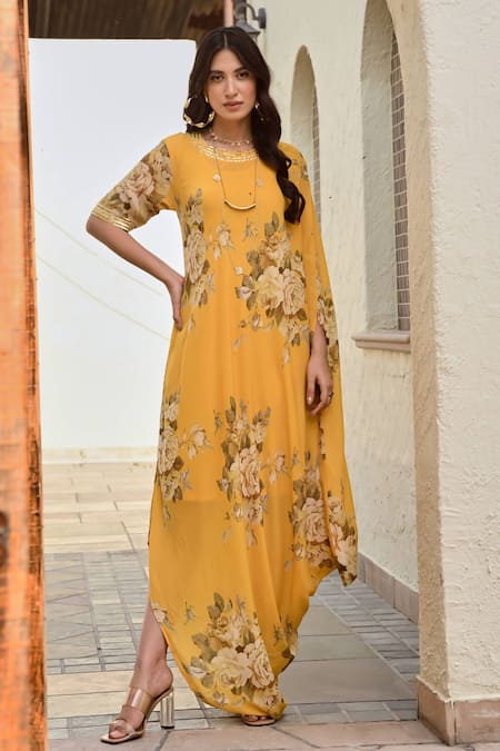 Palak & Mehak Yellow Pure Crepe Printed Floral Round Ziva Cowl Dress 