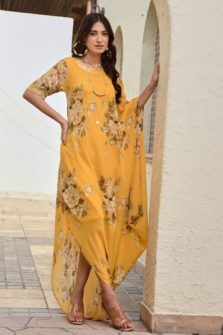Palak & Mehak Yellow Crepe, Cotton Embroidery Round Neck, Crew Ziva Floral Print Cowl Dress Online at Aza Fashions Palak & Mehak_Yellow Crepe, Cotton Embroidery Round Neck, Crew Ziva Floral Print Cowl Dress _Online_at_Aza_Fashions