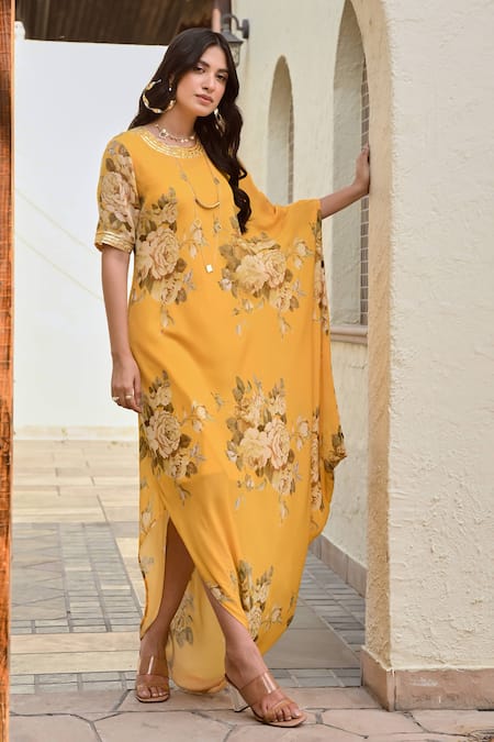 Buy Palak & Mehak Yellow Crepe, Cotton Embroidery Round Neck, Crew Ziva Floral Print Cowl Dress Online at Aza Fashions Buy_Palak & Mehak_Yellow Crepe, Cotton Embroidery Round Neck, Crew Ziva Floral Print Cowl Dress _Online_at_Aza_Fashions