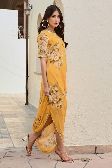 Shop Palak & Mehak Yellow Crepe, Cotton Embroidery Round Neck, Crew Ziva Floral Print Cowl Dress Online at Aza Fashions Shop_Palak & Mehak_Yellow Crepe, Cotton Embroidery Round Neck, Crew Ziva Floral Print Cowl Dress _Online_at_Aza_Fashions
